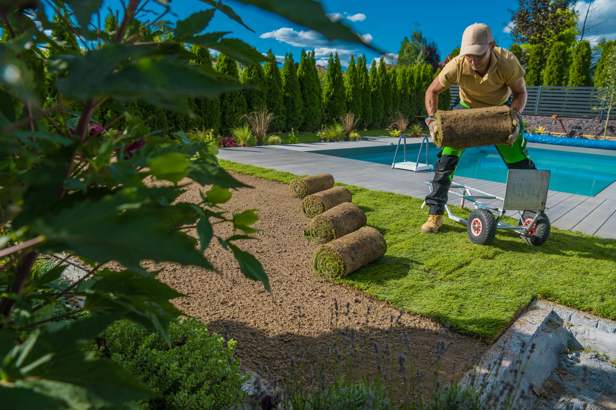 Landscaping Worker Installing Fresh Lawn Made From Natural Grass